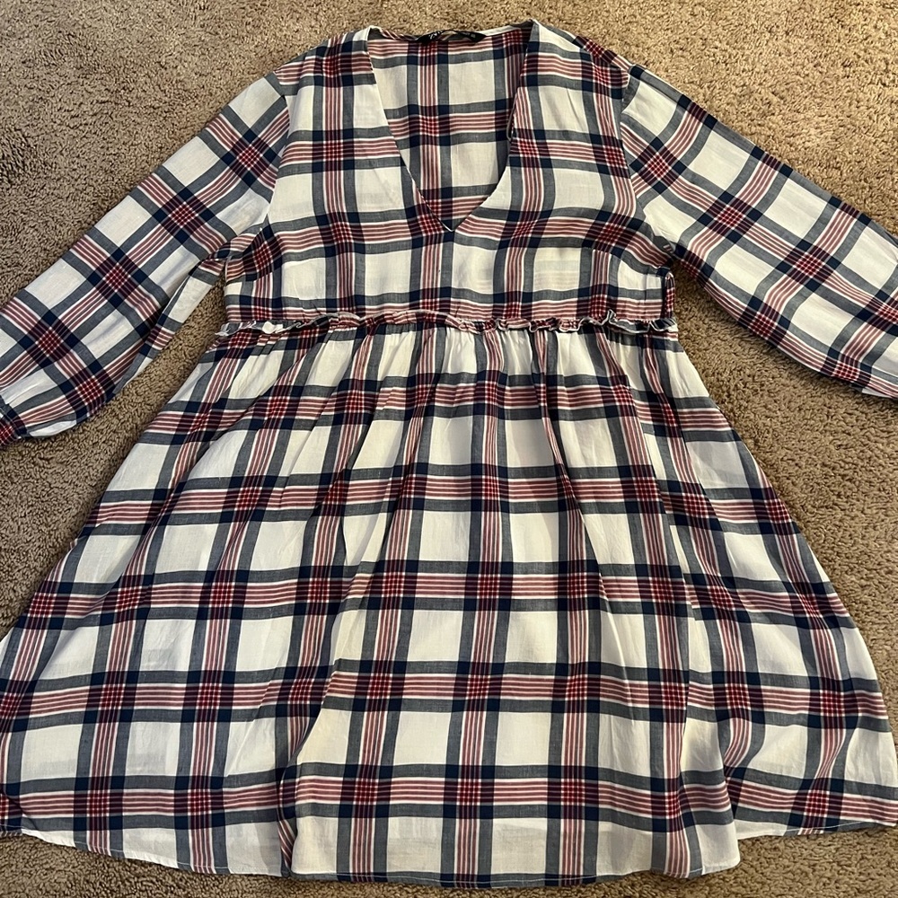 Zara summer plaid mini dress white/blue/red squares